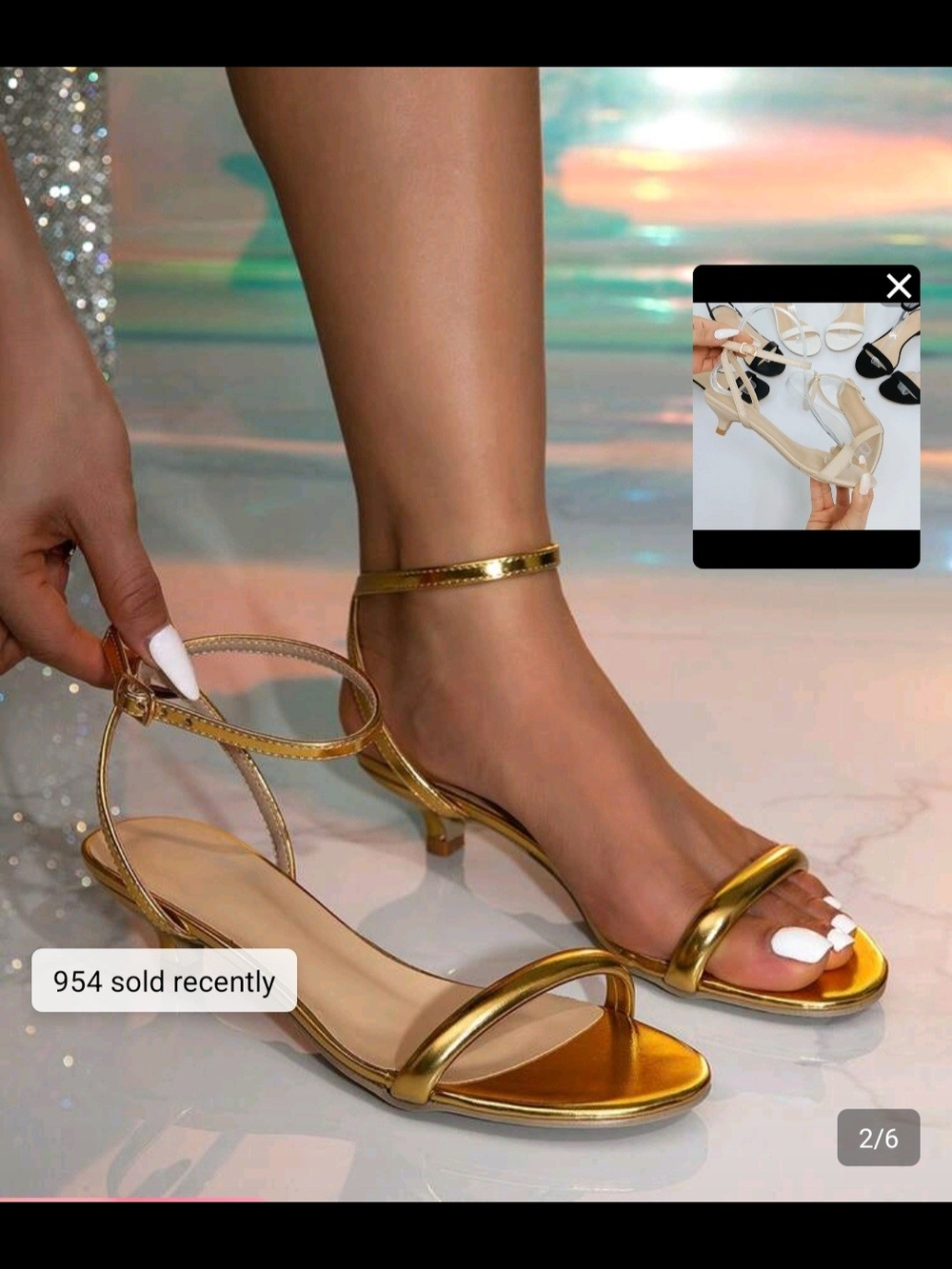 Elegant Gold Women's Ankle-Strap Kitten Heel Sandals